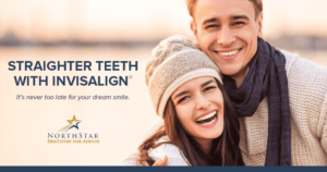 A man and woman smiling. Text: Straighter teeth with Invisalign. It's never too late for your dream smile.