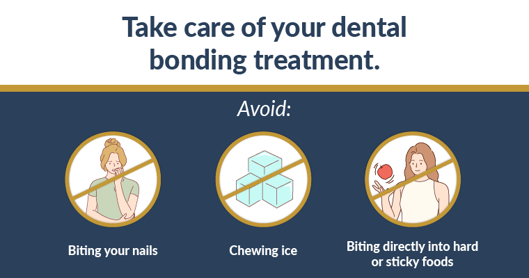 Text: Take care of your dental bonding treatment. Avoid biting your nails, chewing ice, and biting directly into hard or sticky foods. 